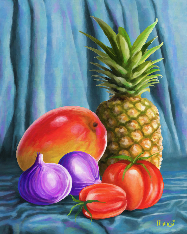 Three fruits and a vegetable Painting by Anthony Mwangi