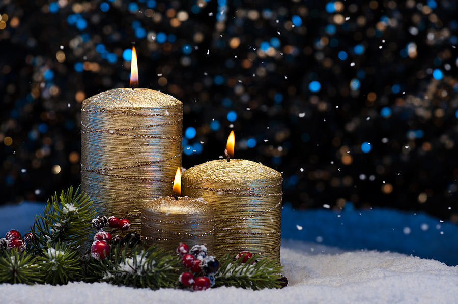 Christmas Photograph - Three Gold Candles in snow  by U Schade