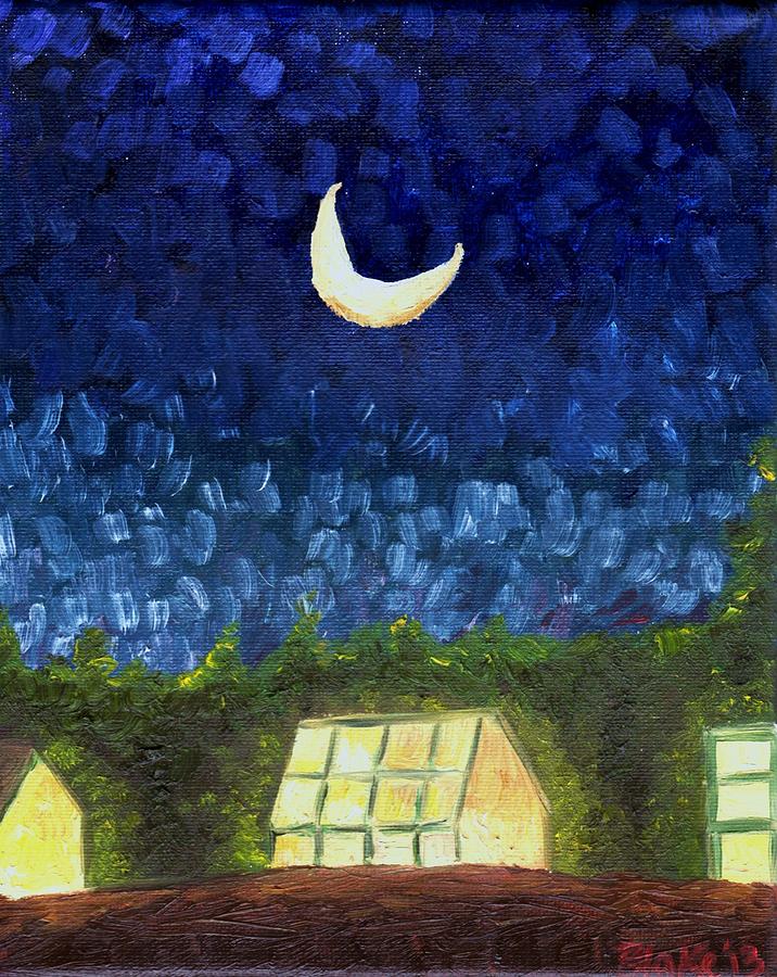 University Painting - Three Greenhouses Under A Crescent Moon by Blake Grigorian