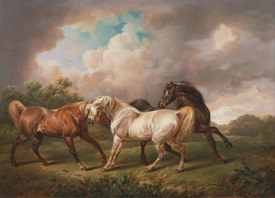 Three Horses in a Stormy Landscape Painting by Charles Towne
