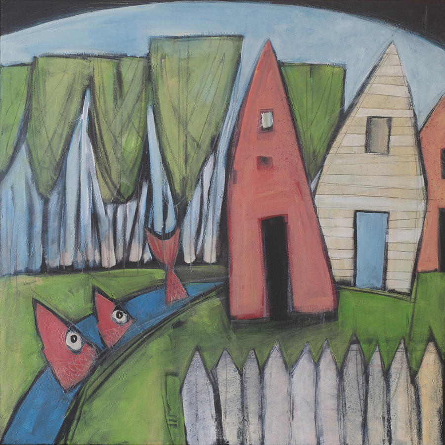 Three Houses Three Fishes And Picket Fence Painting by Tim Nyberg