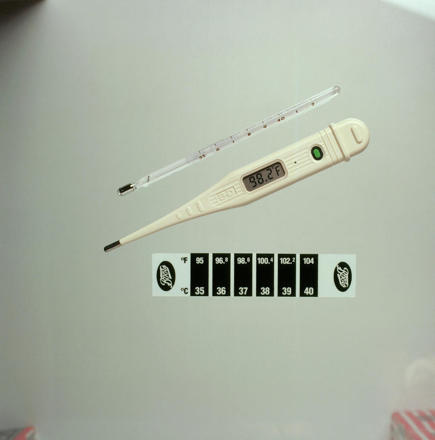 Still Life Photograph - Three Kinds Of Clinical Thermometer. by Chris Priest/science Photo Library