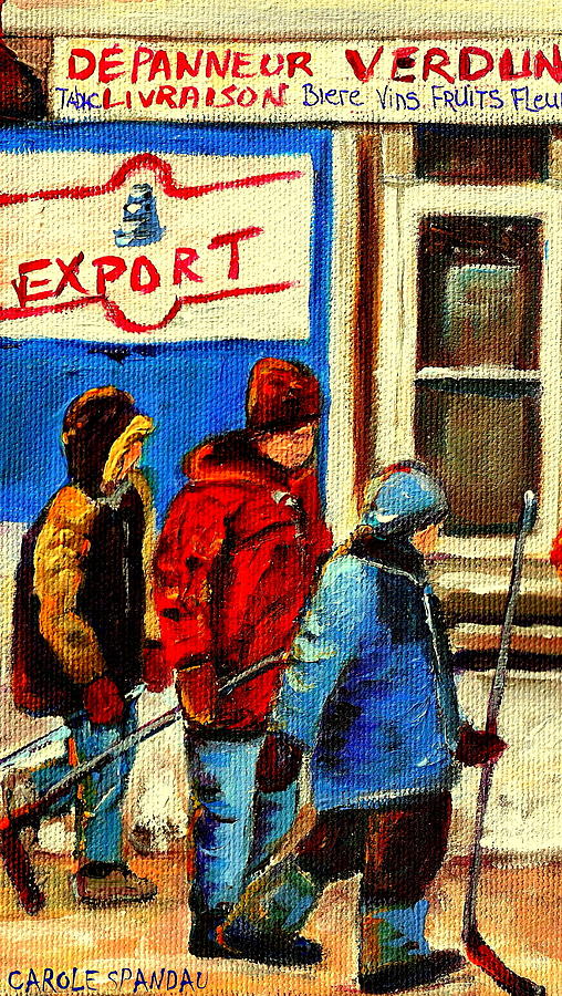 Three Little Hockey Friends Depanneur Verdun Deli Montreal Winter Scenes By Carole Spandau Painting by Carole Spandau
