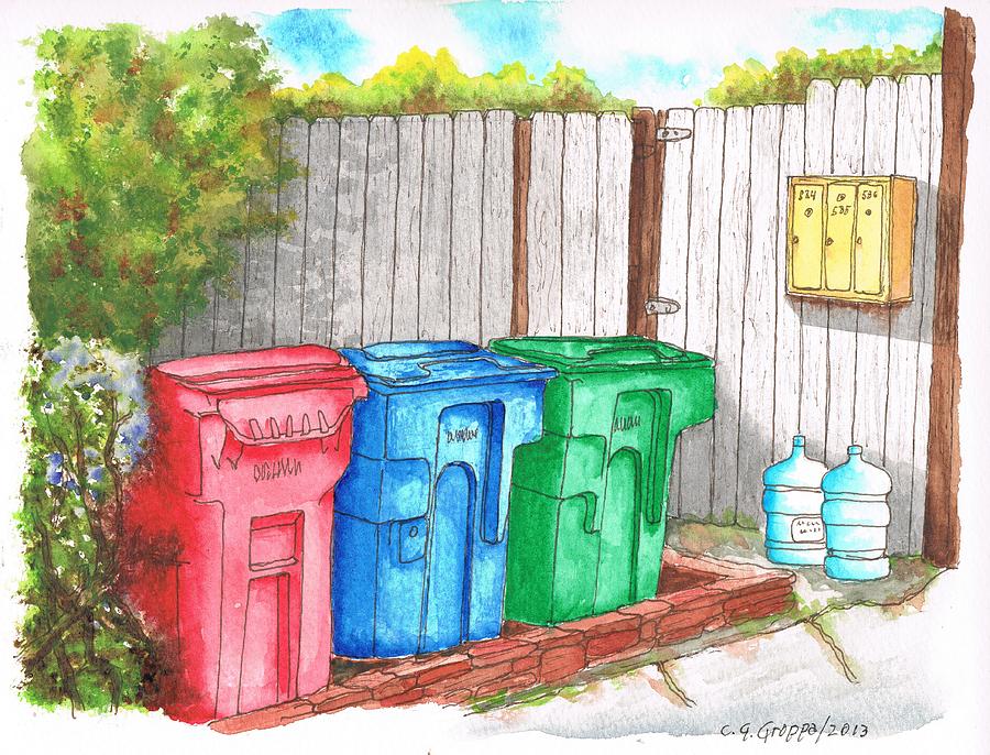 Bottle Painting - Three Mail boxes and three trash cans, West Hollywood, California by Carlos G Groppa