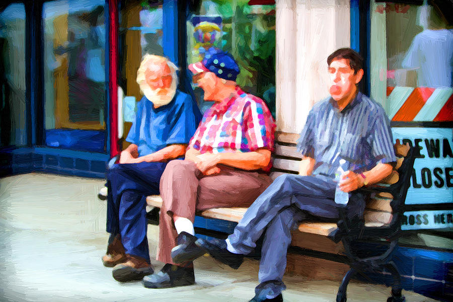 Three Men on a Bench Painting by John Haldane