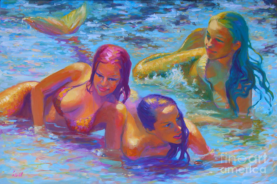 Three Mermaids in Queens Pond Painting by Isa Maria