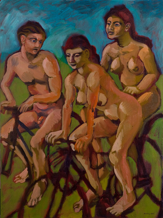 Three nude cyclists in red Painting by Peregrine Roskilly