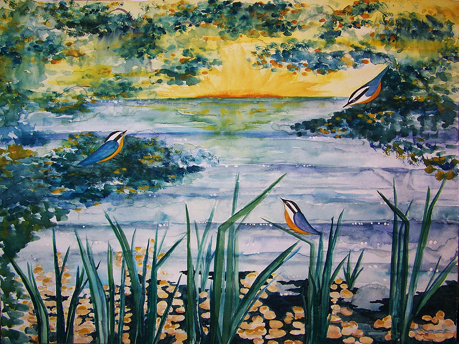 Nuthatches Painting - Three Nuthatches by Alexandra Sanders Nuthatches Painting - Three Nuthatches by Alexandra Sanders