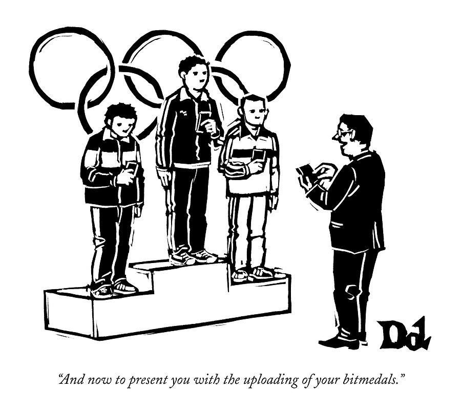 Three Olympic Athletes Stand On A Daius Drawing by Drew Dernavich