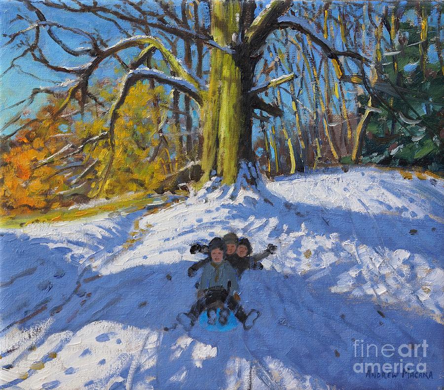 Winter Painting - Three on a sledge Allestree Park Derby by Andrew Macara