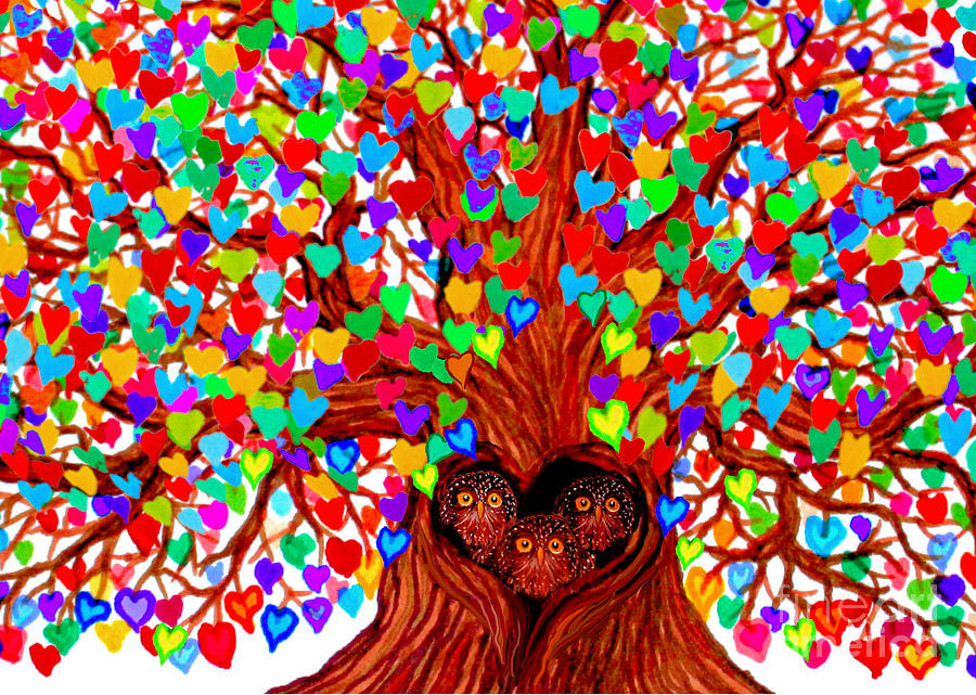 Tree Drawing - Three Owlets in the Tree of Hearts by Nick Gustafson