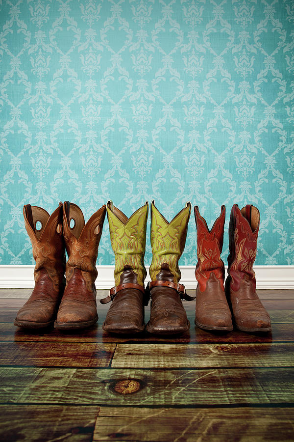 Three Pair Of Cowboy Boots On Wood Photograph by Jorgegonzalez