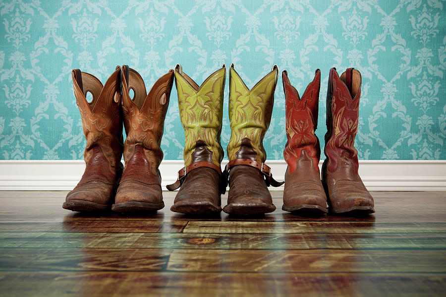 Three Pairs Of Cowboy Boots Lined Up Photograph by Jorgegonzalez