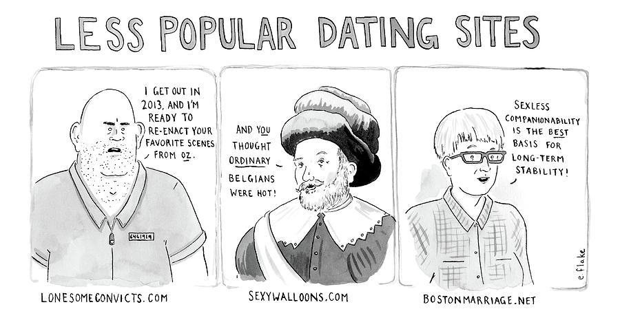 Three Panel Cartoon Of Online Dating Profiles Drawing by Emily Flake