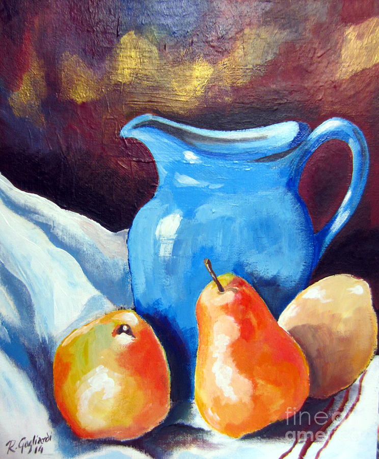 Three Pears and Blue Carafe Still Life Painting by Roberto Gagliardi