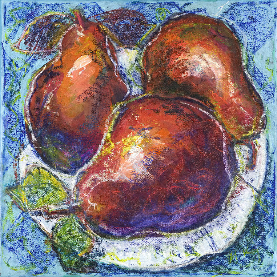 Three pears on a white plate Painting by Maxim Komissarchik