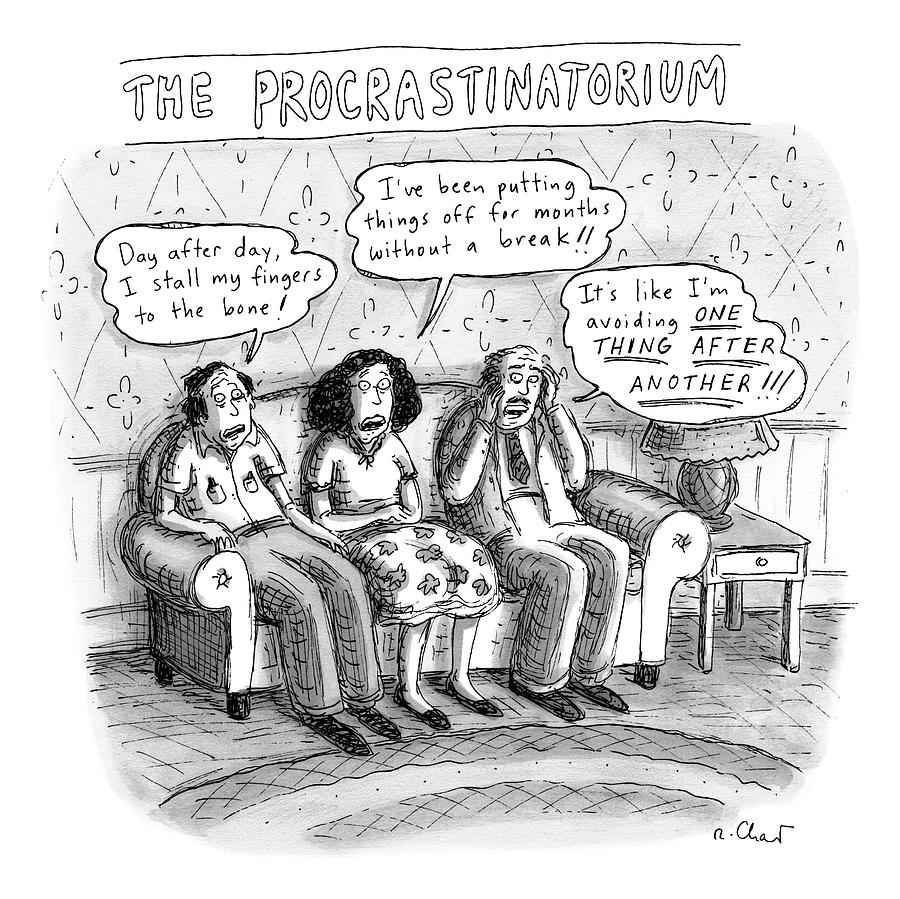 Three People Sit On A Couch Next To An End Table Drawing by Roz Chast