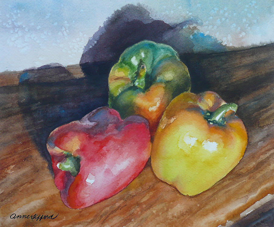 Watercolor Painting Painting - Three Peppers by Anne Gifford Watercolor Painting Painting - Three Peppers by Anne Gifford