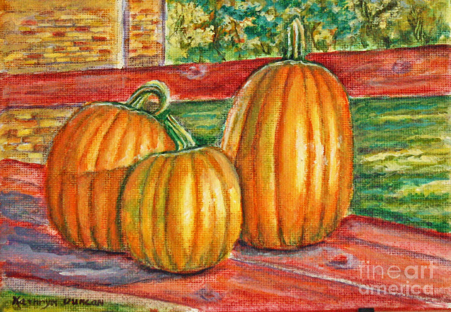 Three Pumpkins On Deck Painting by Kathryn Duncan