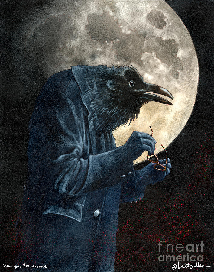 Raven Painting - Three Quarter Moons And Near Sighted Ravens by Will Bullas