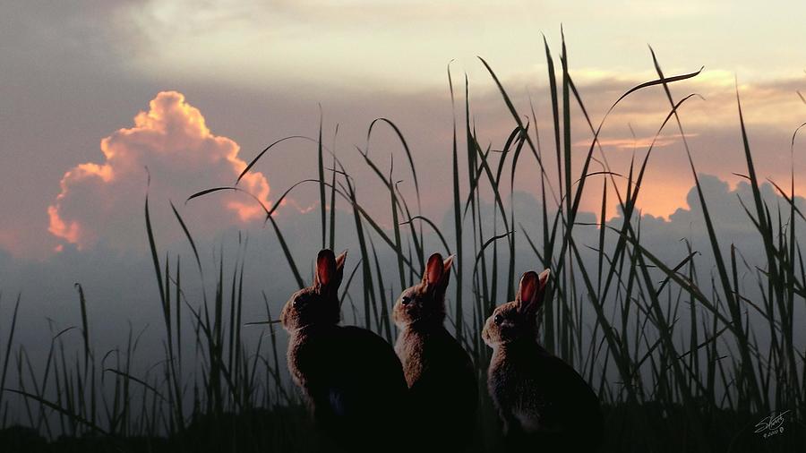 Three Rabbits in the Setting Sun Digital Art by Spadecaller