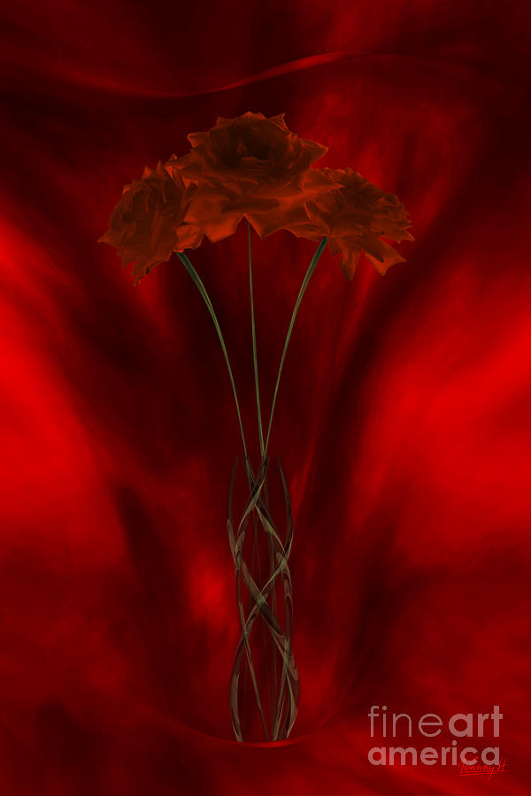 Three red roses in the red room Digital Art by Johnny Hildingsson