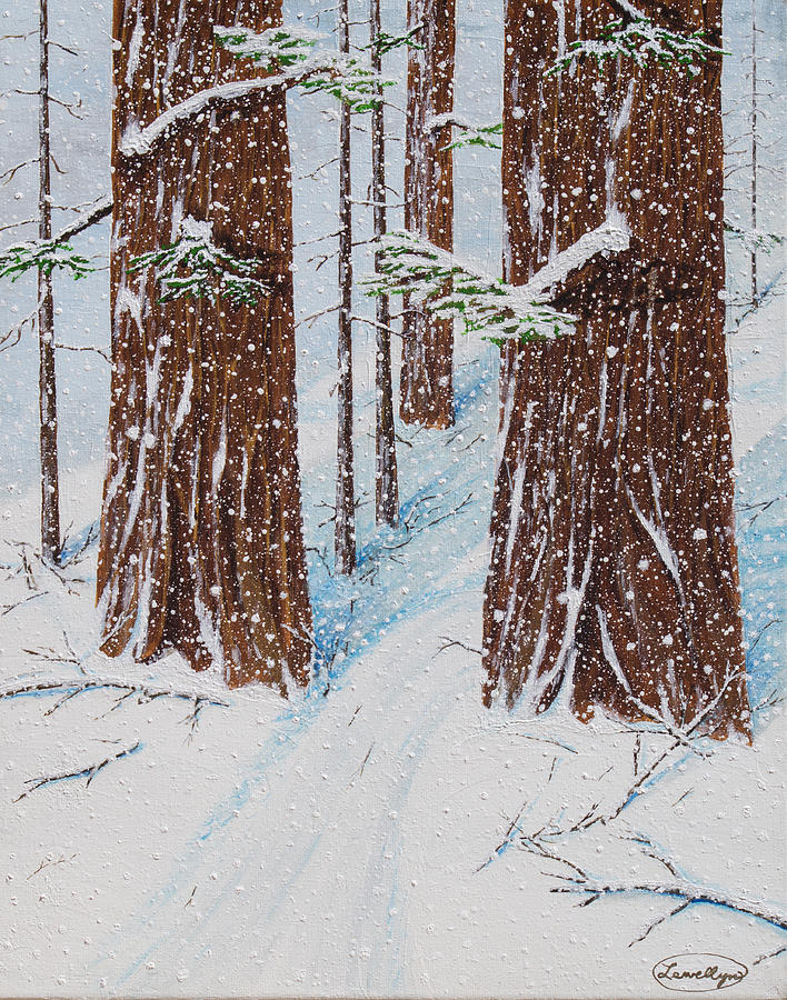Three Redwoods in Snow Painting by L J Oakes
