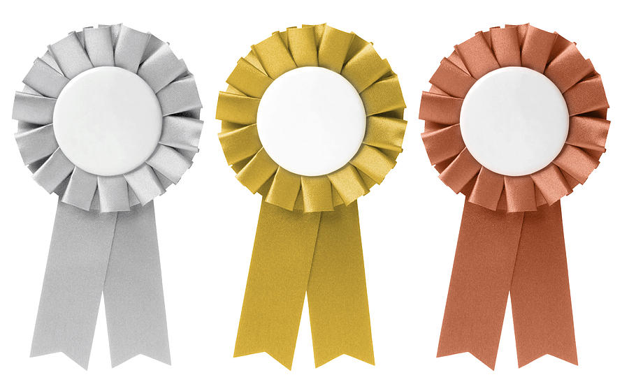 Three ribbon awards in silver, gold, and bronze Photograph by Chictype