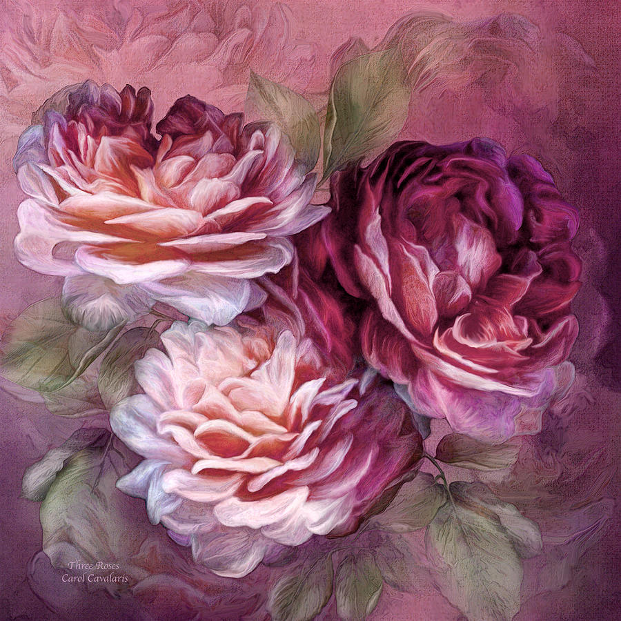 Rose Mixed Media - Three Roses - Burgundy by Carol Cavalaris