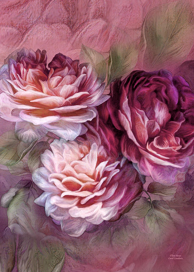 Three Roses Burgundy Greeting Card Mixed Media by Carol Cavalaris