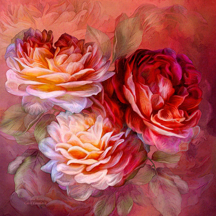 Three Roses - Red Mixed Media by Carol Cavalaris