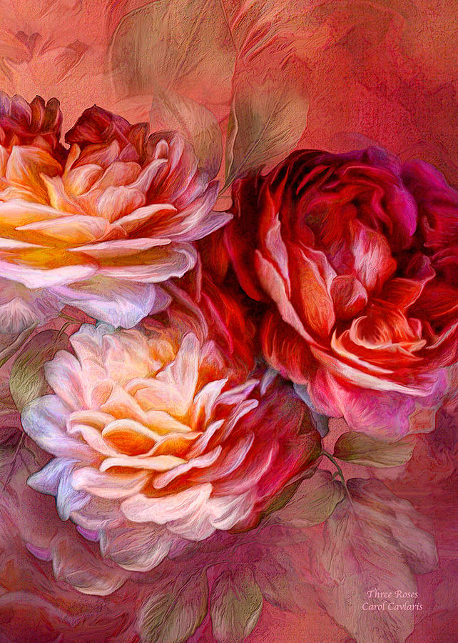 Three Roses Red Greeting Card Mixed Media by Carol Cavalaris