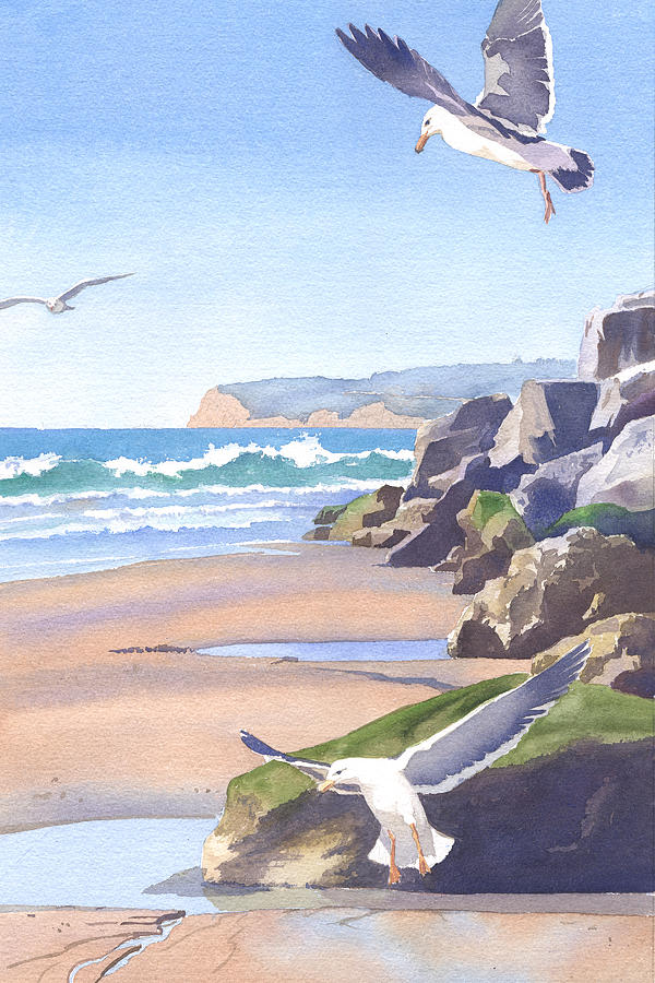 Seagull Painting - Three Seagulls at Coronado Beach by Mary Helmreich