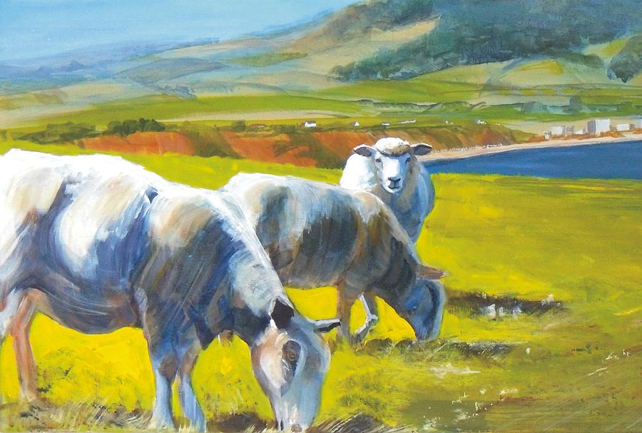 Three Sheep on a Devon Cliff Top Painting by Mike Jory