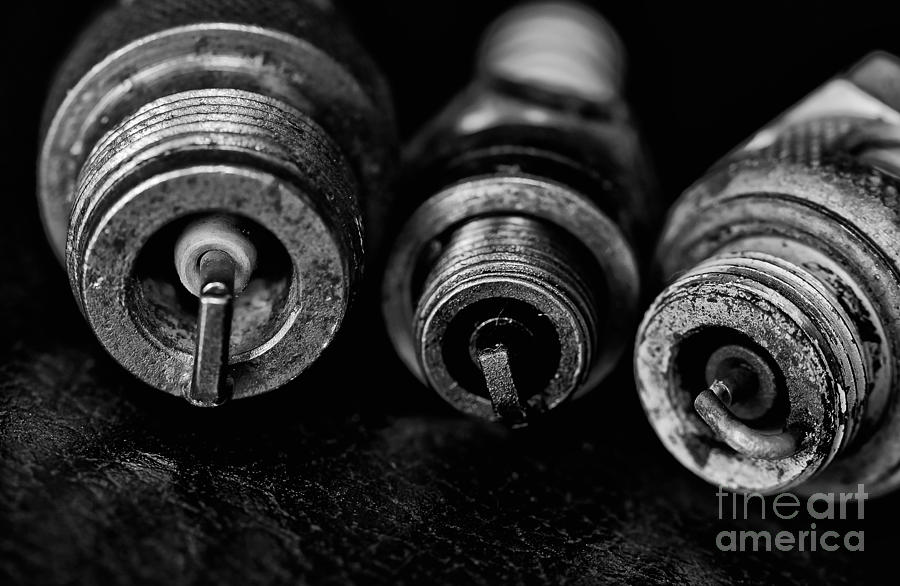 Three Spark Plugs Black and White Photograph by Wilma  Birdwell