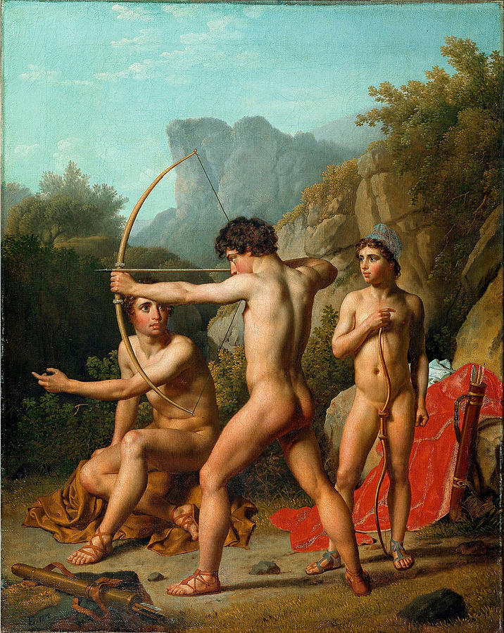 Three Spartan boys practising archery Painting by Christoffer Wilhelm Eckersberg
