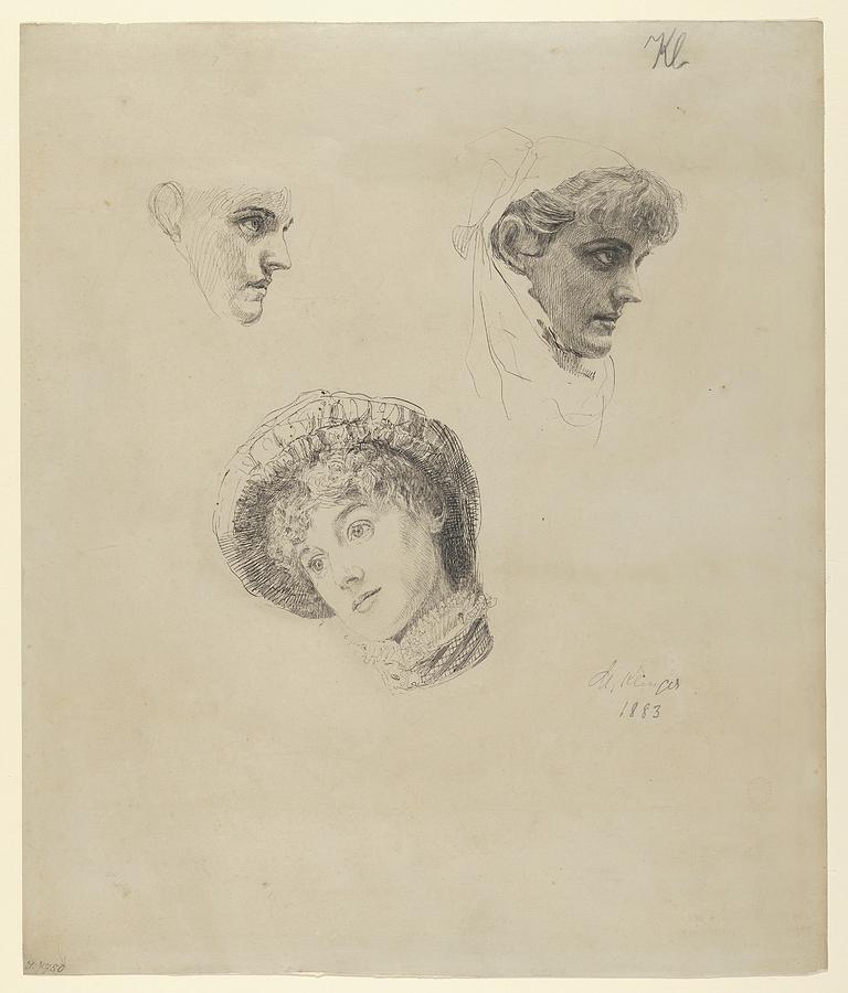 Max Klinger Drawing - Three Studies Of Heads Of Women by Max Klinger