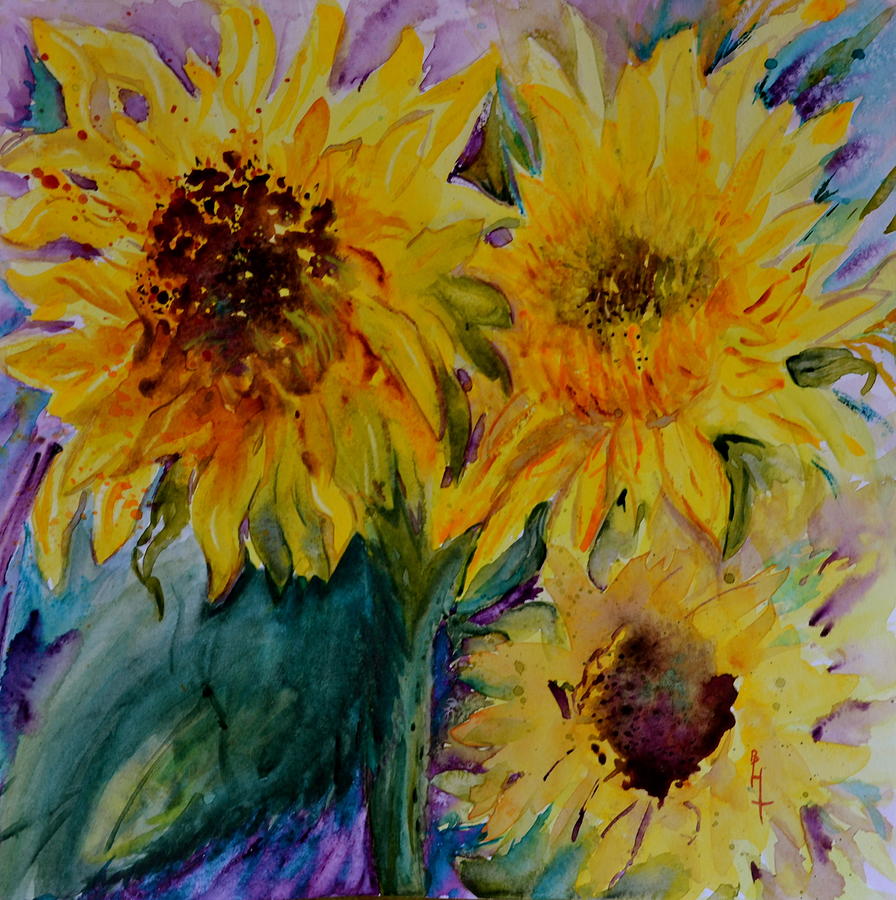 Three Sunflowers Painting by Beverley Harper Tinsley