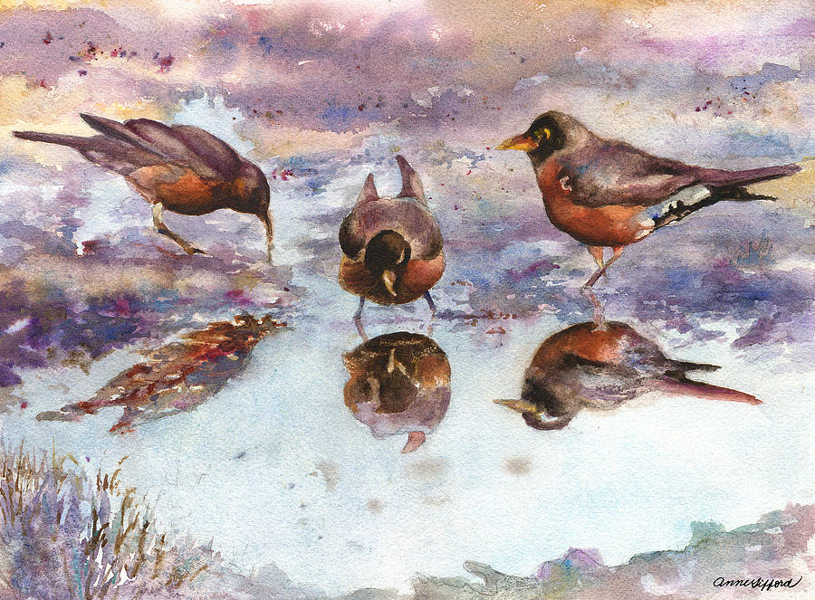 Three Thirsty Robins Painting by Anne Gifford