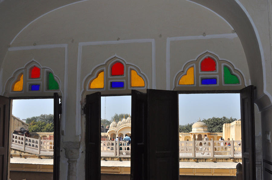 India Photograph - Three windows at the Hawa Mahal Jaipur Rajashan India by Diane Lent