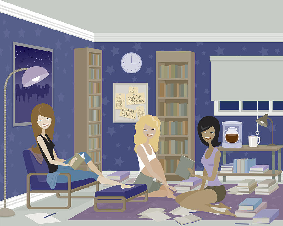 Three Women Having a Late Night Study Session Drawing by Bortonia