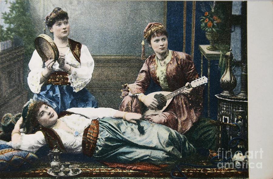 Three women in 1908 playing music in oriental style Photograph by Patricia Hofmeester