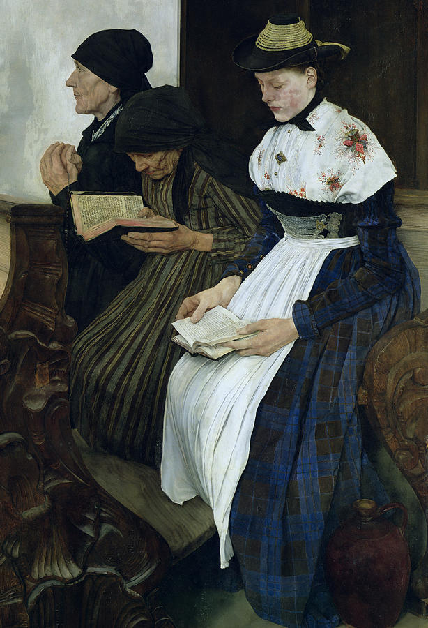 Hat Painting - Three Women in Church by Wilhelm Maria Hubertus Leibl