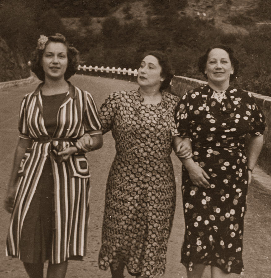 Three Women on the Road in 1931.Sepia Toned Photograph by Lisa-Blue