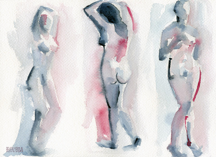 Nude Painting - Three Women Pink and Blue Watercolor Nude Figure Painting by Beverly Brown Prints