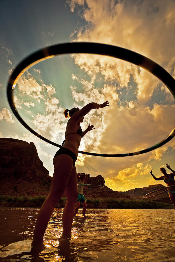Sunset Photograph - Three Women Playing And Hula Hooping by Whit Richardson