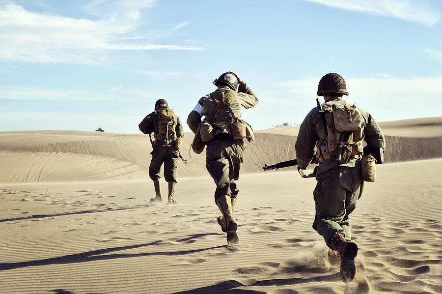 Three WWII Soldiers Running In The Desert Sand Photograph by LifeJourneys