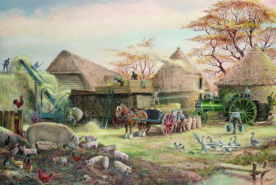 Threshing In Kent Painting by Dudley Pout