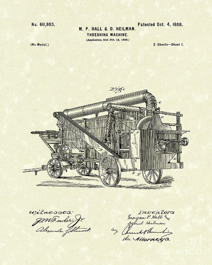 Threshing Machine 1898 Patent Art Drawing by Prior Art Design