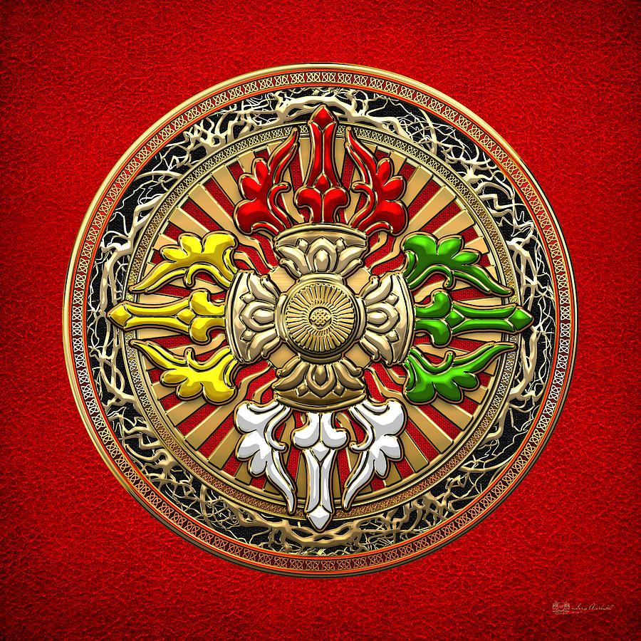 Tibetan Double Dorje Mandala - Double Vajra on Red Leather Digital Art by Serge Averbukh